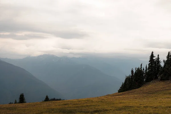 Blue Ridge Ridge Bergslager Med Moln Fjärran Och Träd Kullar — Stockfoto