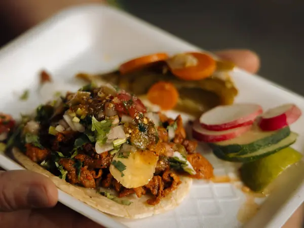 Widok Bliska Pojedynczego Meksykańskiego Pastor Street Taco Kolendrą Cebulą Ananasem Zdjęcia Stockowe bez tantiem