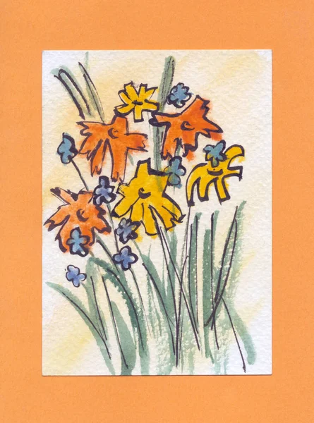Postcard, painted in pastel and watercolor, handmade, in orange tones