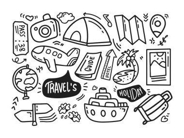 Travel theme doodles with various forms of iconic objects