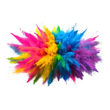 Beyaz arkaplanda izole edilmiş renkli gökkuşağı holi boya tozu patlaması