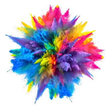 Beyaz arkaplanda izole edilmiş renkli gökkuşağı holi boya tozu patlaması