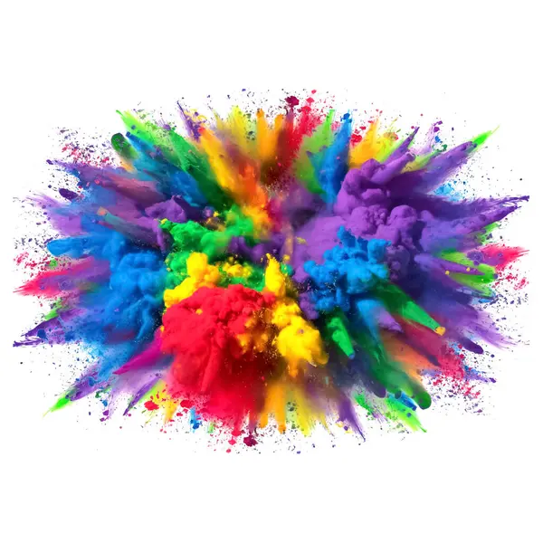 Beyaz arkaplanda izole edilmiş renkli gökkuşağı holi boya tozu patlaması