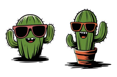 Önlerinde iki büyük gözlü ve güneş gözlüklü kaktüs oturuyor.