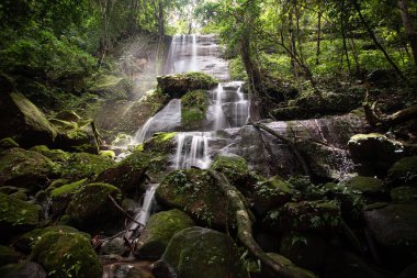 Güney Kalimanta ormanının iç kısımlarındaki doğal şelale çok serin ve hala el değmemiş.