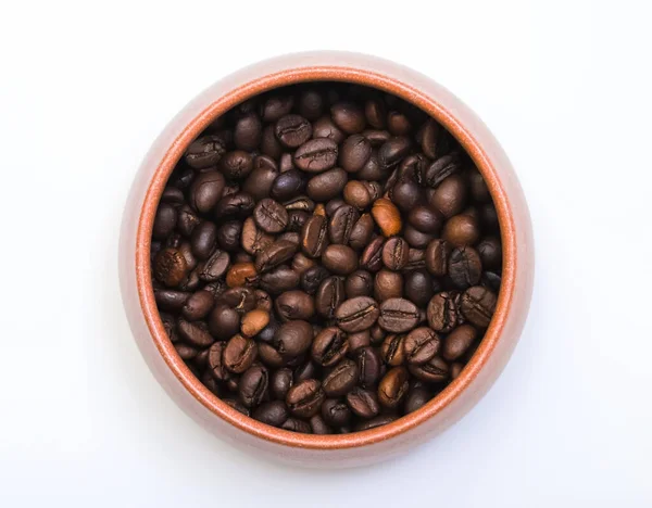 Coffee Beans Cup Table White Background Shallow Depth Field — Stock Photo, Image