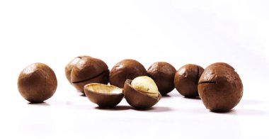 Beyaz arka planda Macadamia cevizi. Sığ alan derinliği