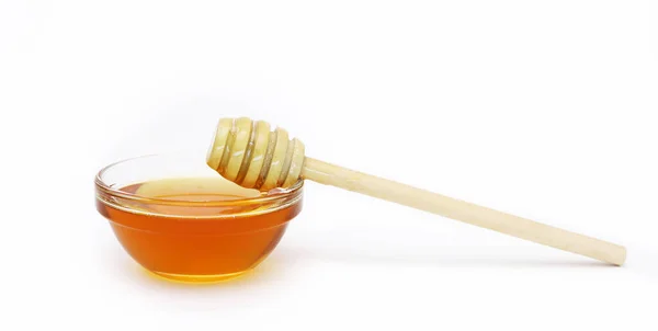 Wooden Spoon Dripping Honey White Background Shallow Depth Field — Stock Photo, Image