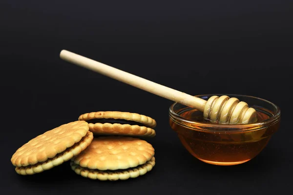 Wooden Honey Spoon Cookies Chocolate Filling Dark Light Close — Stock Photo, Image