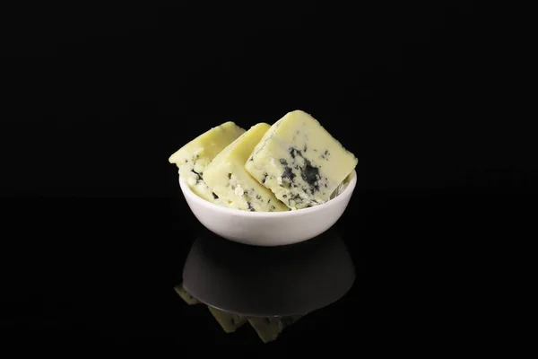 French Cheese Blue Mold White Plate Dark Table Reflection Close — Stock Photo, Image