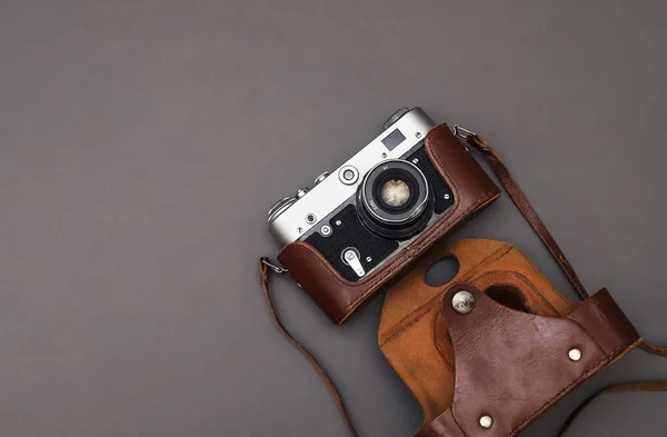 Vintage Film Camera Leather Case Gray Background Close — Stock Photo, Image