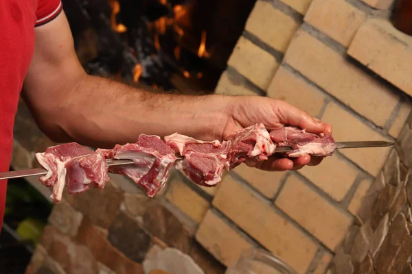 暖炉のバーベキュー串に刺さった豚肉のマリネ フィールドの浅い深さ — ストック写真