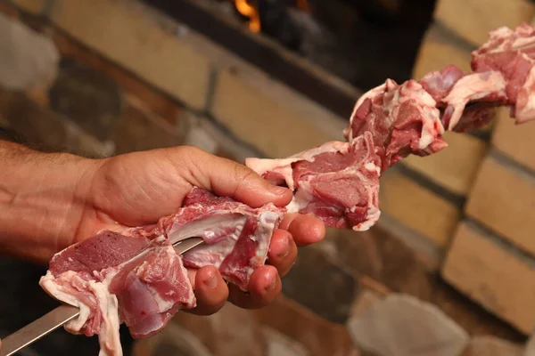 暖炉のバーベキュー串に刺さった豚肉のマリネ フィールドの浅い深さ — ストック写真