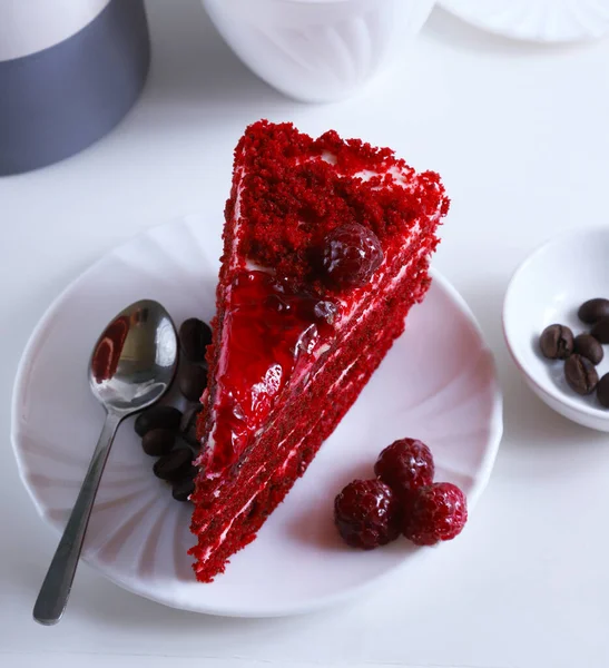 Part Raspberry Dessert Cake Plate Bright Light Shallow Depth Field — Stock Photo, Image