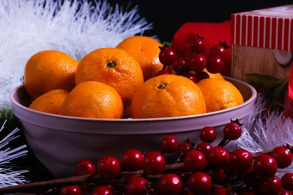 Mandarines Mûres Sur Table Noël Nouvel Gros Plan — Photo