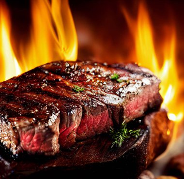 Izgarada alevlerin arka planında kanlı sulu bir biftek. Sığ alan derinliği