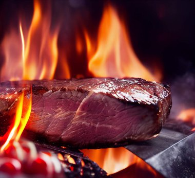 Izgarada alevlerin arka planında kanlı sulu bir biftek. Sığ alan derinliği