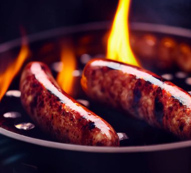 Yangının arka planındaki ızgarada kızarmış sosis. Sığ alan derinliği