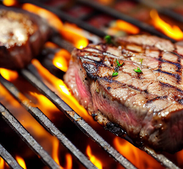 Juicy bloody steak on the grill against the background of flames. Shallow depth of field