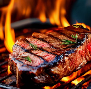 Izgarada alevlerin arka planında kanlı sulu bir biftek. Sığ alan derinliği