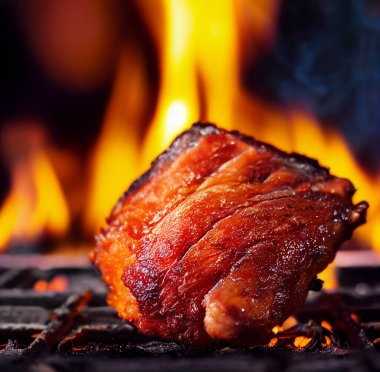 Ateşin arka planında yağda kızartılmış domuz eti. yakın plan