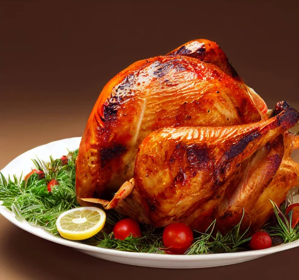 Roasted turkey on the grill, partially sliced in a plate with vegetables on the sides on the festive table. Shallow depth of field