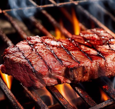 Izgarada alevlerin arka planında kanlı sulu bir biftek. Sığ alan derinliği