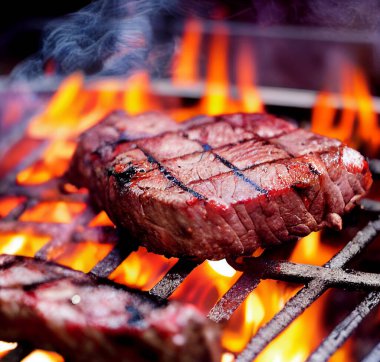 Izgarada alevlerin arka planında kanlı sulu bir biftek. Sığ alan derinliği