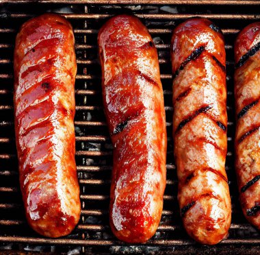 Izgarada ızgara sosis ve ateş. Sığ alan derinliği