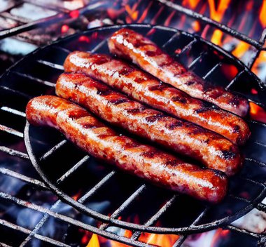 Izgarada ızgara sosis ve ateş. Sığ alan derinliği