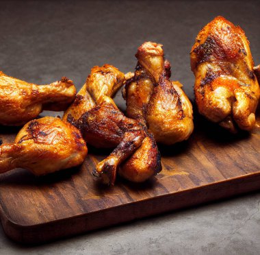 Servis masasında baharatlı tavuk budu. Sığ alan derinliği