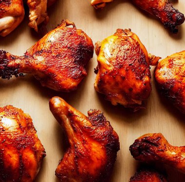 Servis masasında baharatlı tavuk budu. Sığ alan derinliği