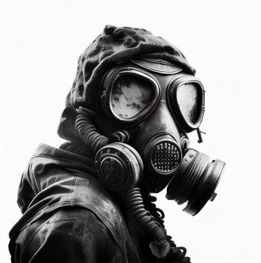 Beyaz arka planda izole edilmiş kapüşonlu gaz maskeli bir adam. Yakın plan.