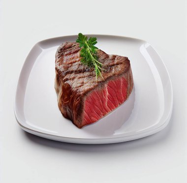 Sliced juicy steak with a sprig of rosemary in a plate