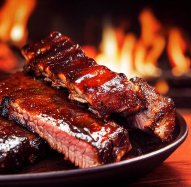 Grilled pork ribs marinated American style with maple syrup. Shallow depth of field