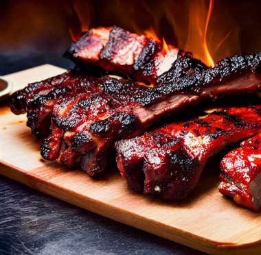 Grilled pork ribs marinated American style with maple syrup. Shallow depth of field