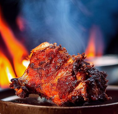 Yangının arka planında büyük bir parça domuz eti. Yakın plan.