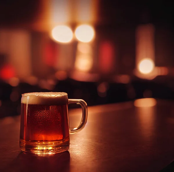 Vintage glass of dark beer with foam under cinematic lighting on a blurred background. Close-up