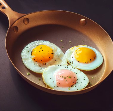 Fried eggs in a black frying pan under cinematic lighting. Close-up