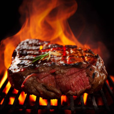 bloody steak with a sprig of rosemary on a flame background. Shallow depth of field