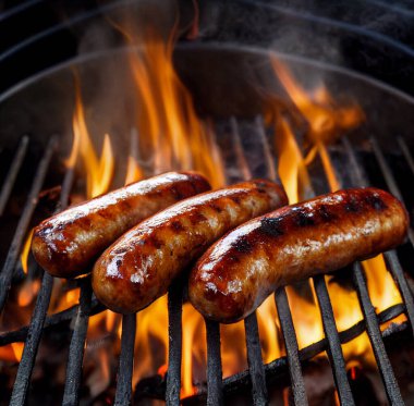 Izgarada ızgara sosis ve ateş. Sığ alan derinliği