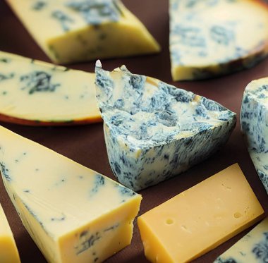 Sliced pieces of Roquefort cheese. Close-up