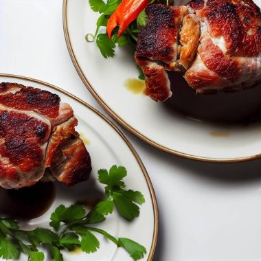 A large piece of pork knuckle or cut in a plate.Close-up
