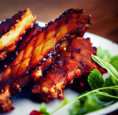 Fried pork ribs in a plate with herbs. Shallow depth of field