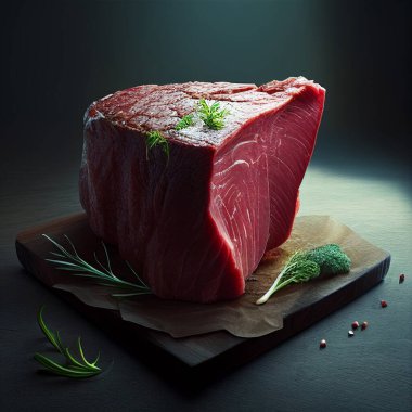 A large piece of meat on a serving board. Close-up