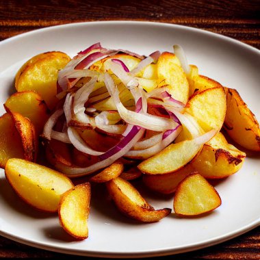 Roasted potatoes sprinkled with fresh onions in a white plate. Shallow depth of field