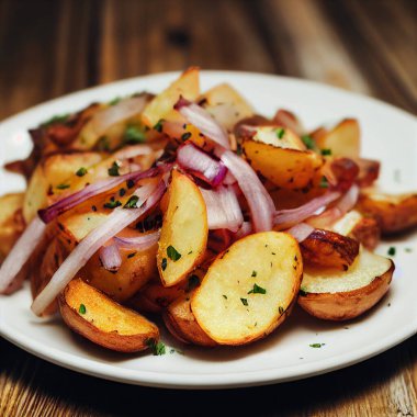 Roasted potatoes sprinkled with fresh onions in a white plate. Shallow depth of field