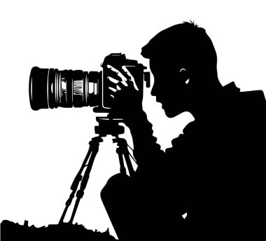 Black silhouette of a photographer with a photo camera on a white background. Flat vector illustration of a photographer with a camera