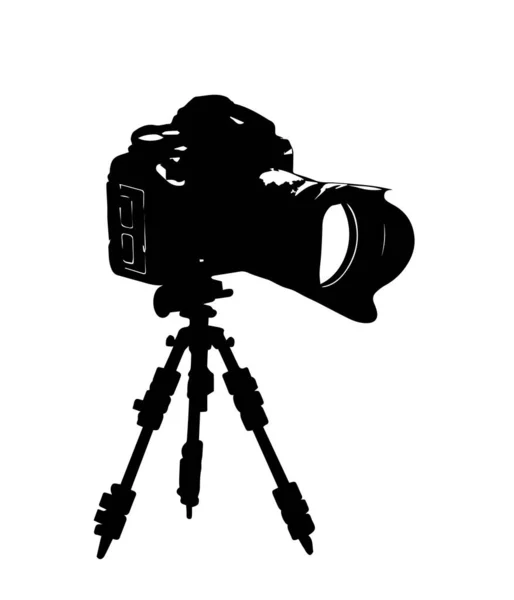 Black silhouette of a camera on a white background. Flat vector illustration of camera with tripod