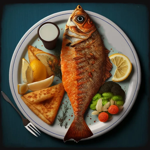 Целая Жареная Рыба Розмарином Лимоном Тарелке Векторная Иллюстрация — стоковый вектор